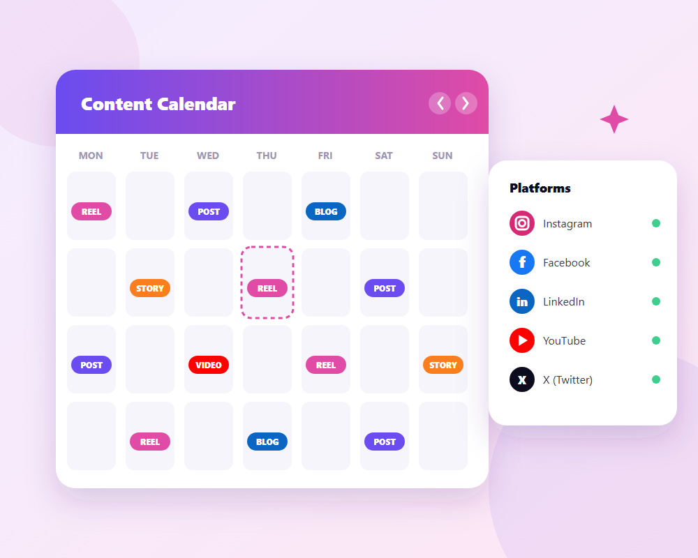 Social media content calendar with reels, posts and stories planned across platforms